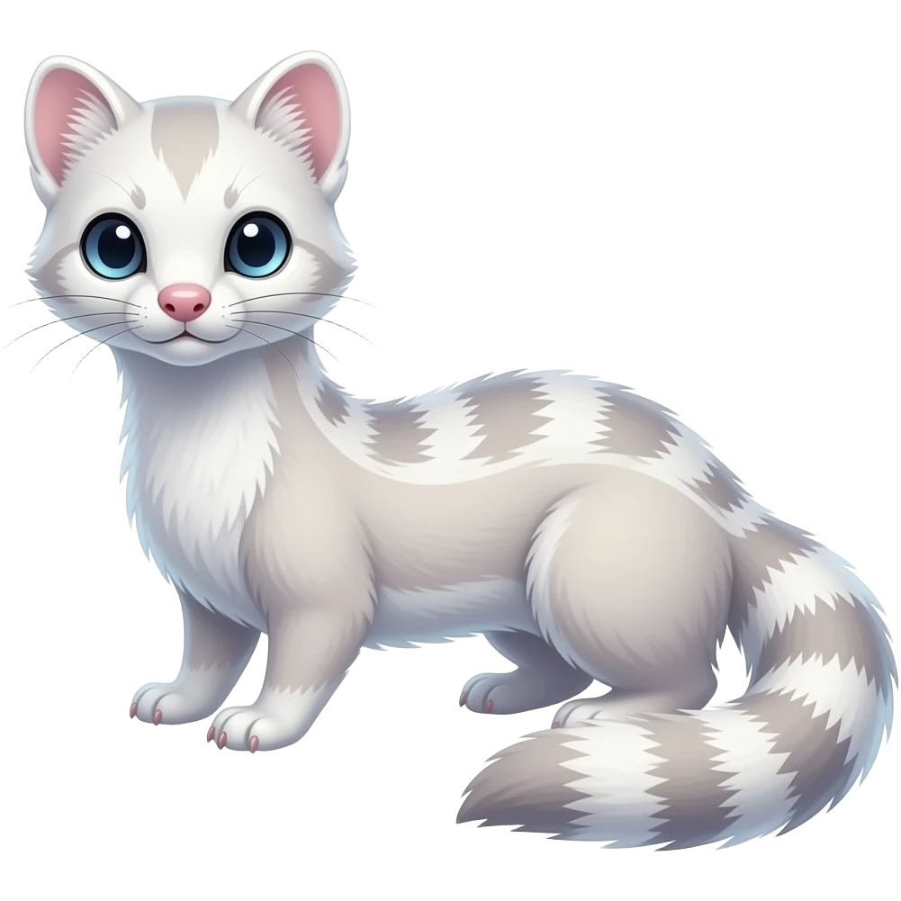 White colorful iridescent genet-Fossa-civet-mustelid-creature-hybrid, full body emoji