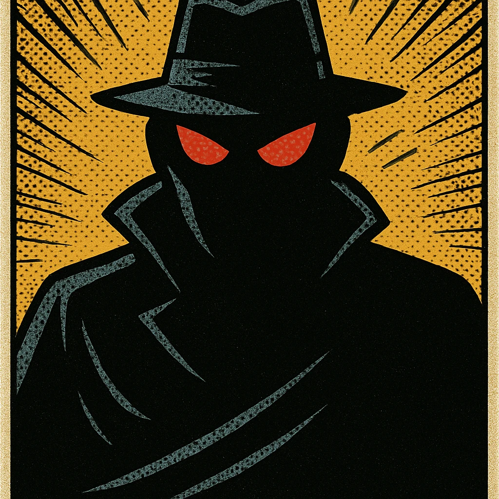 mysterious antagonist, shadowy figure, glowing red eyes, comic book style emoji