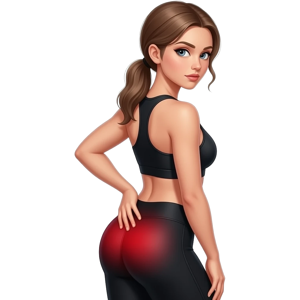 glute pain, red glow on glutes, side pose, woman touching hip and glute area, fair-skinned woman, gray-blue eyes, ash brown brows, ash light brown hair tied back, slim athletic body, black workout set emoji