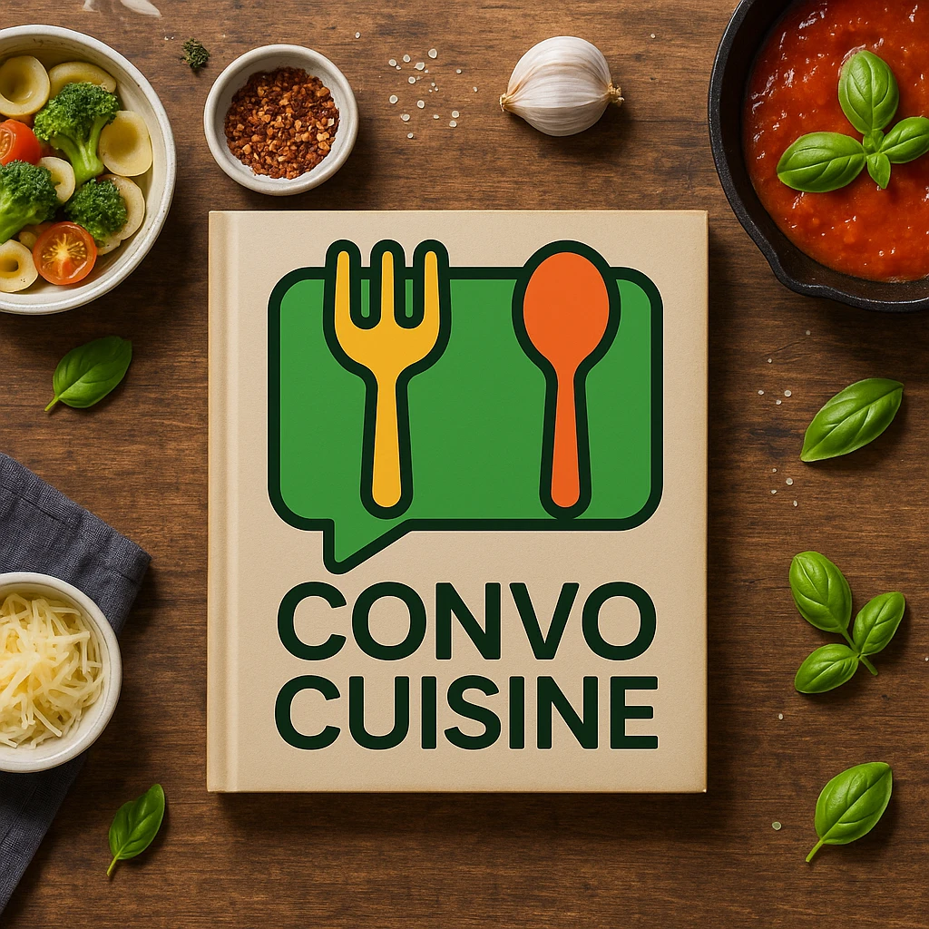 Place the green playful logo with chat bubble and utensils prominently and clearly on a cookbook background, ensuring the logo stands out and is easily visible. emoji