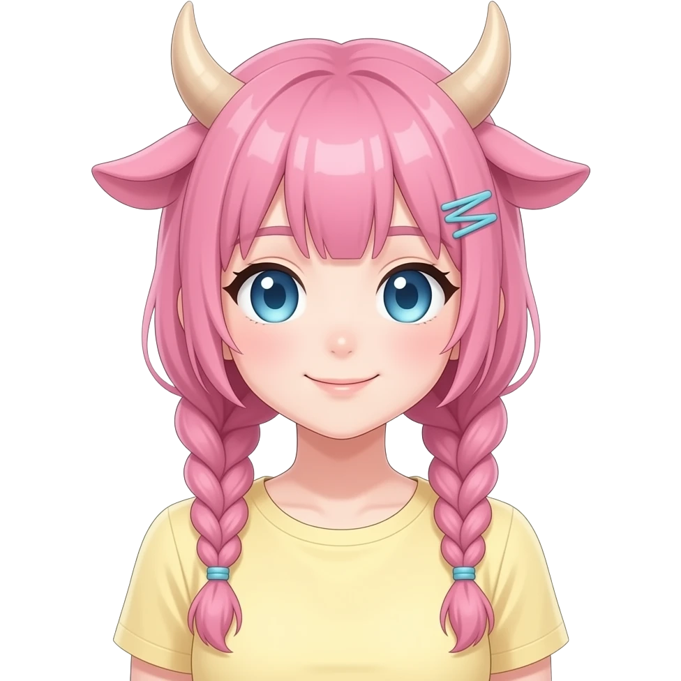 Cute pretty anime lady with horns, pink braided hair with cyan hair ties, pink cow ears, pastel yellow shirt, light blue eyes emoji