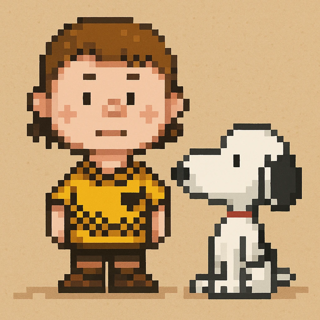 Add Snoopy next to Charlie Brown in pixel art style with a simple background. Use pixel art style as reference for the editor. emoji
