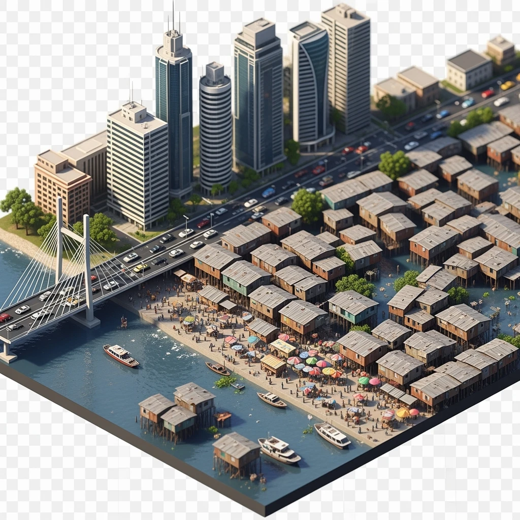 Isometric miniature of Lagos Lekki-Ikoyi Bridge, Eko Atlantic skyscrapers, Makoko slums, tin-roof shacks, chaotic markets, gridlocked traffic, 3D miniature effect and Tilt Shift effect, no cartoonish look, transparent background, don't cut angles emoji
