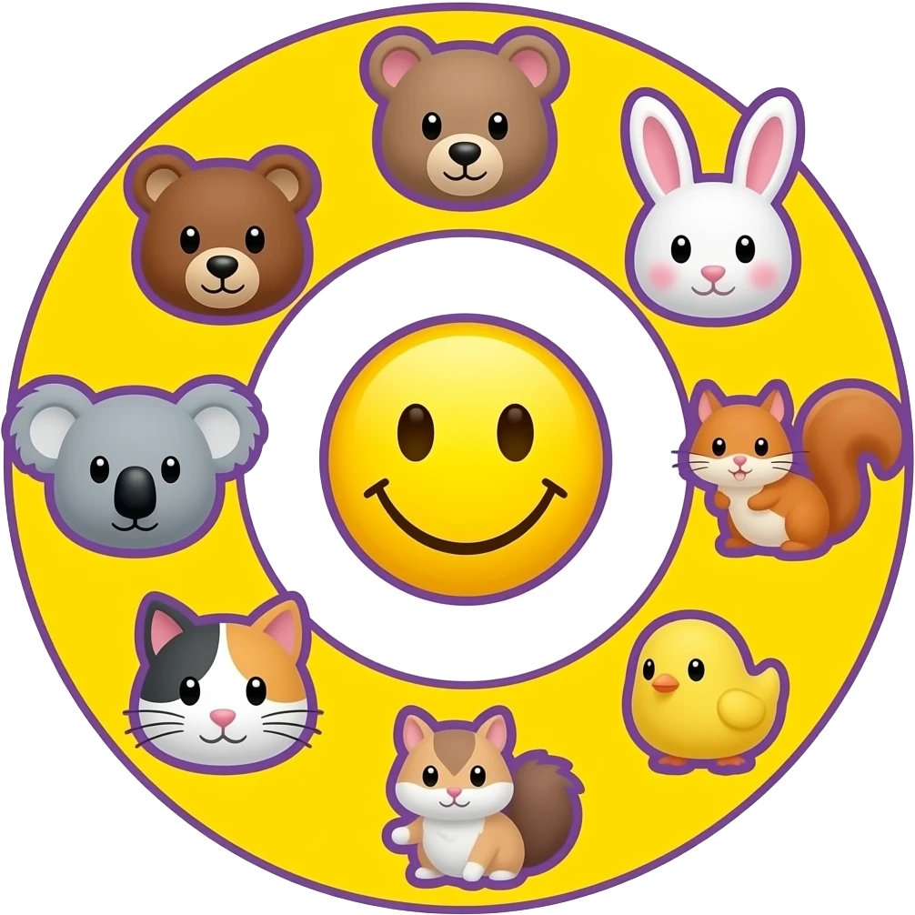 Same with this design.Yellow Smiley in the centre. The smiley  with white and purple background, circle form ,serrounded by the head only of these 7 symbols: 🐻🐰🐨🐈🐹🐿🐥 Smaller size. Bright yellow background, bright purple outlines emoji