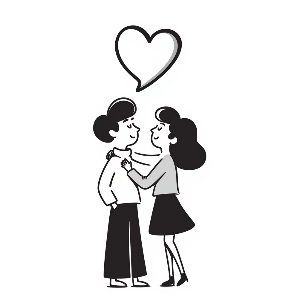 An in love couple with a heart above them, enjoy style emoji