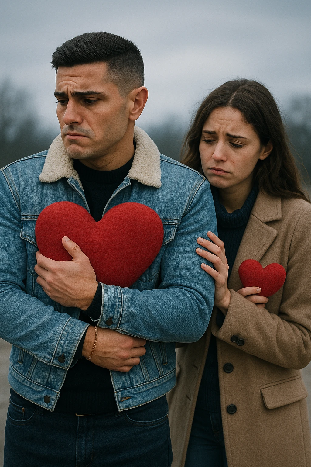 un uomo italiano in abiti casual si allontana da una donna che cerca di abbracciarlo. Lui stringe al petto un grande cuore rosso, mentre lei ne tiene uno più piccolo; entrambi hanno espressioni tristi, e la distanza emotiva è sottolineata da uno sfondo sfocato e freddo. emoji