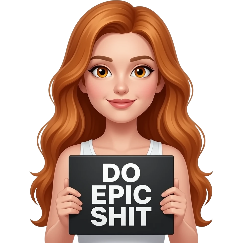 sexy girl with long ginger hair and ginger eyes wearing a white tanktop is holding a black sign with DO EPIC SHIT written on it emoji