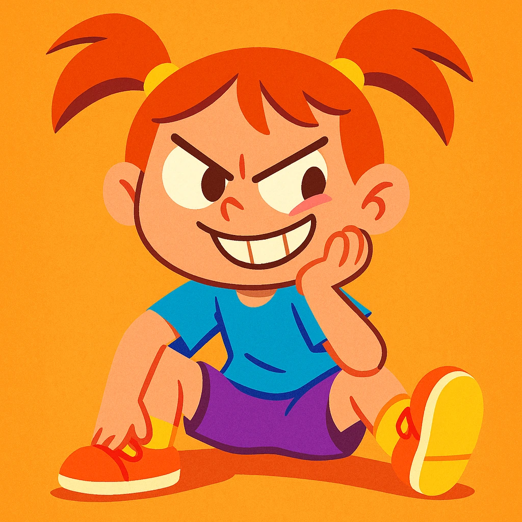 mischievous girl, playful expression, casual pose, vibrant colors, cartoon style emoji