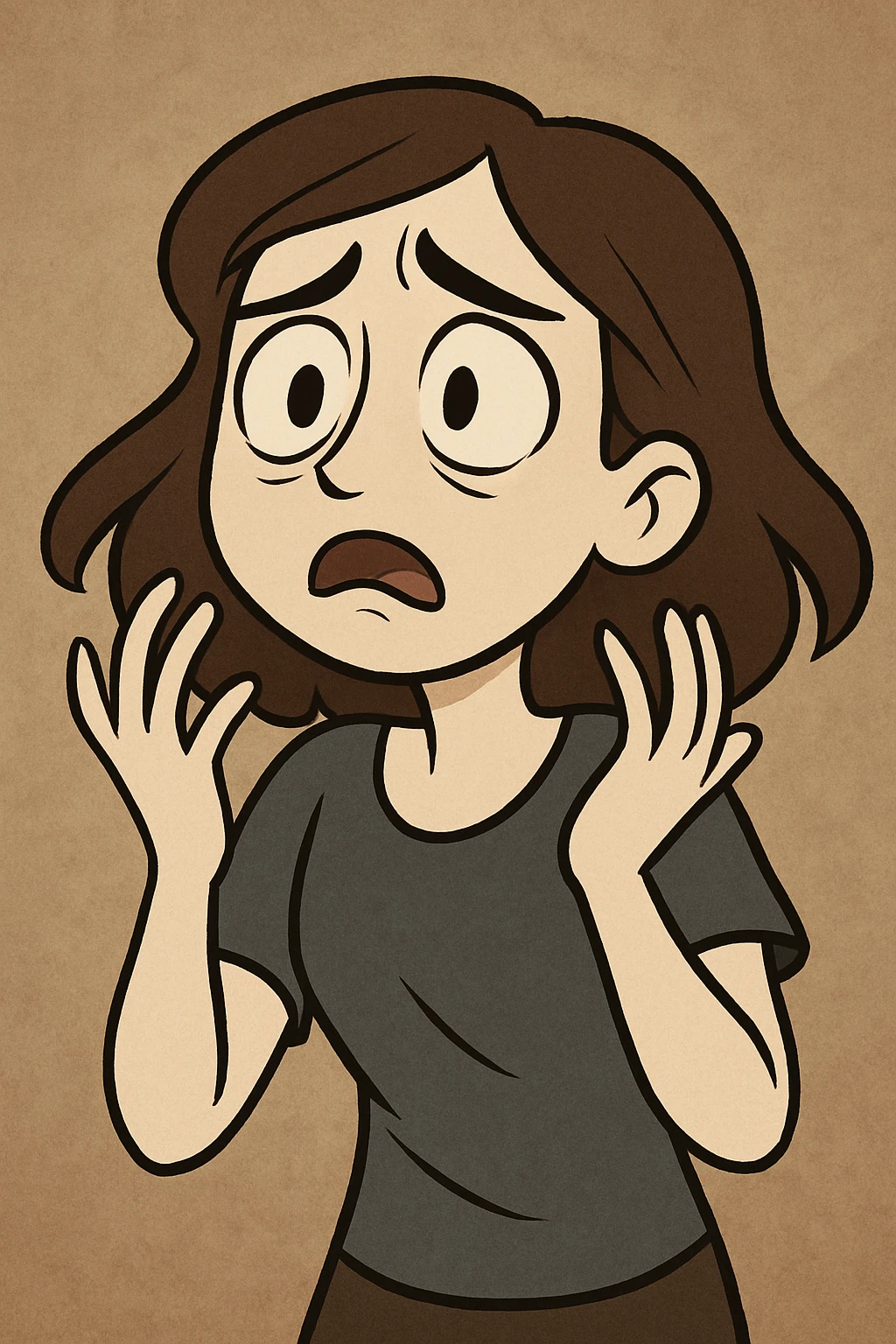 a pale, brunette girl acting, showing dramatic emotions, cartoon style emoji