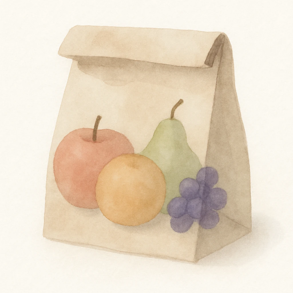 watercolor style lunch bag with fruit inside, soft edges, gentle colors, artistic look emoji