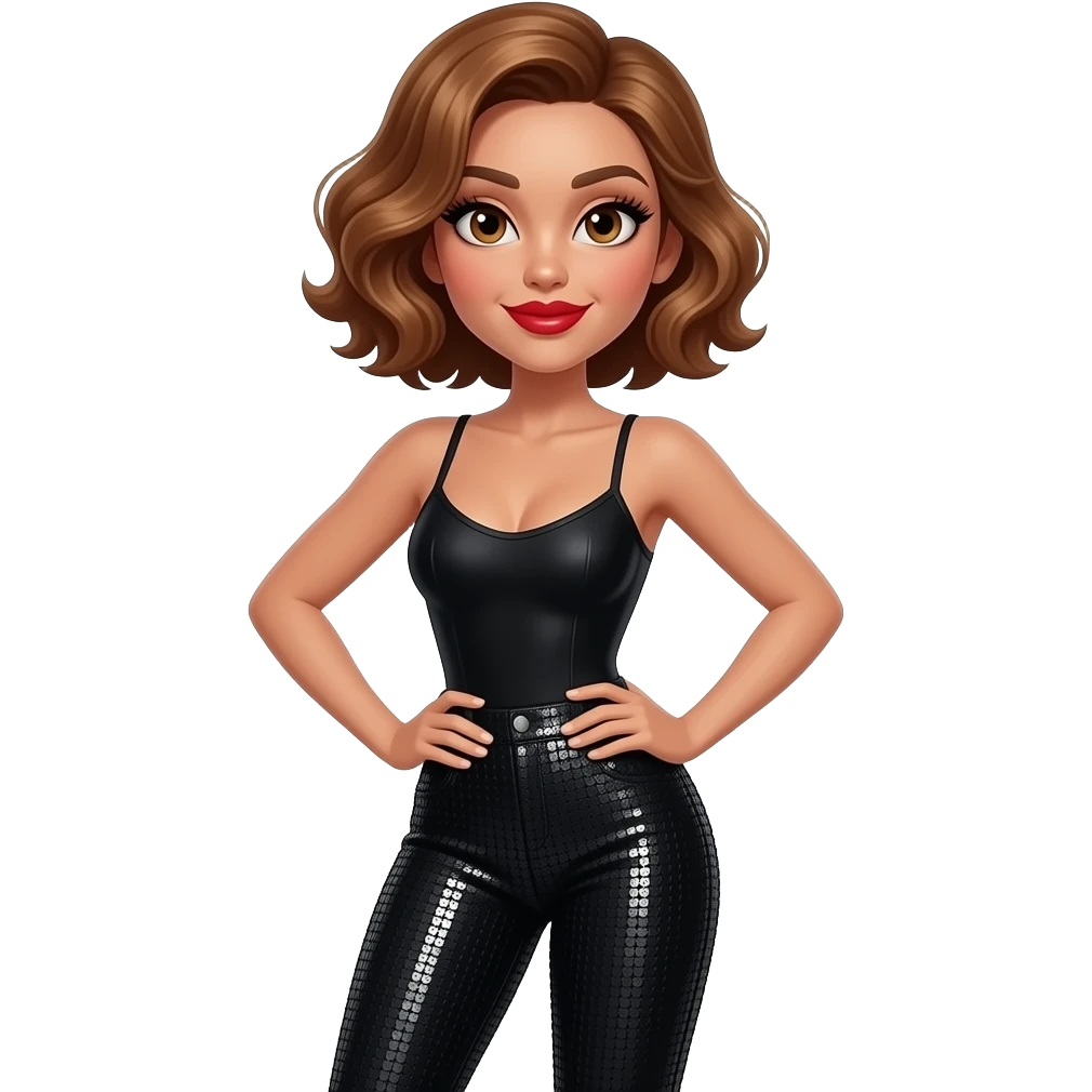 glamours,-tanned,-very-beautiful-woman-with-big-plump-red-lips,-long-long-lashes,-honey-silky-very short- hair,-wavy-hair,-hazel-eyes- wearing-black-bodysuit-and-black-sequinned-pants-black-stilettos-and arms-shrugging-waist-up emoji