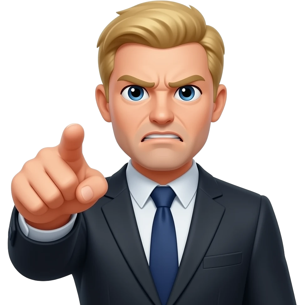 Emoji de alguien de un abogado con ropa elegante y con una corbata de azul oscuro enojado con cabello rubio una expresión cansada y enojada y a señalando emoji