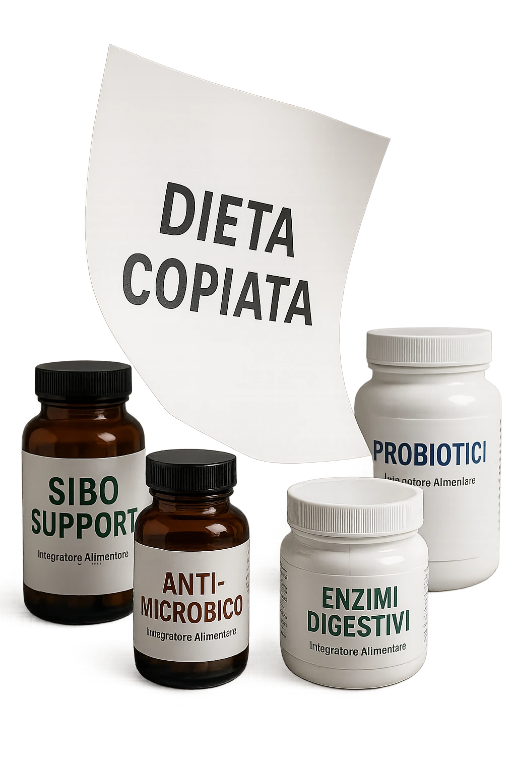 FOGLIO DI CARTA FLUTTUA IN ARIA CON LA SCRITTA "DIETA COPIATA", INSIEME A BARATTOLI DI INTEGRATORI PER CURARE IL SIBO IN ITALIANO, IPERREALISTICO 4K, NON DISEGNATO emoji