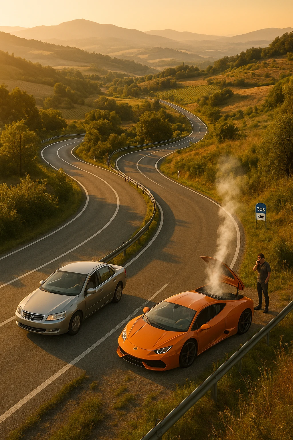 "Aerial view of winding mountain road through Italian countryside, steady reliable sedan maintaining consistent pace with confident driver, versus flashy supercar stopped at roadside with hood open and steam rising, mechanic being called on phone, 300km milestone sign visible in distance, moral lesson about reliability over showmanship, golden hour lighting" emoji