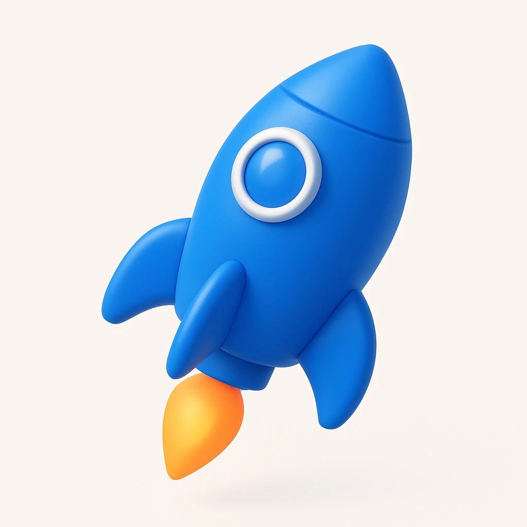 shiny blue 3D rocket ship with flame exhaust emoji