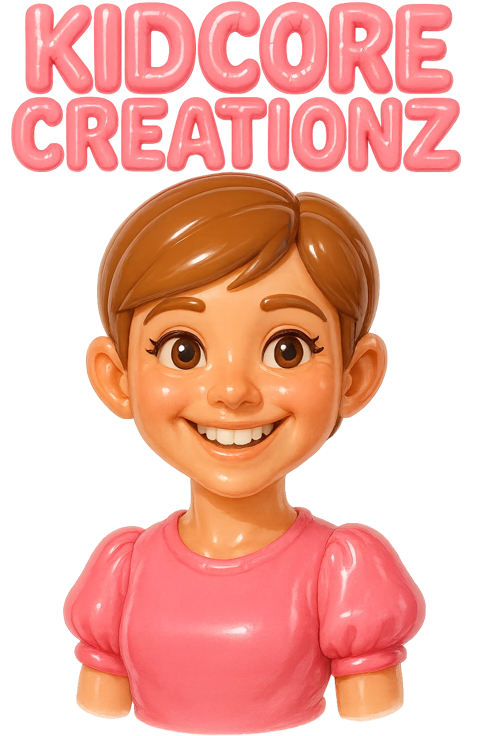 Lightskin girl with a pixie cut
pink blouse
brown eyes
expression is smiling
Add the word Kidcore Creationz in Pink emoji