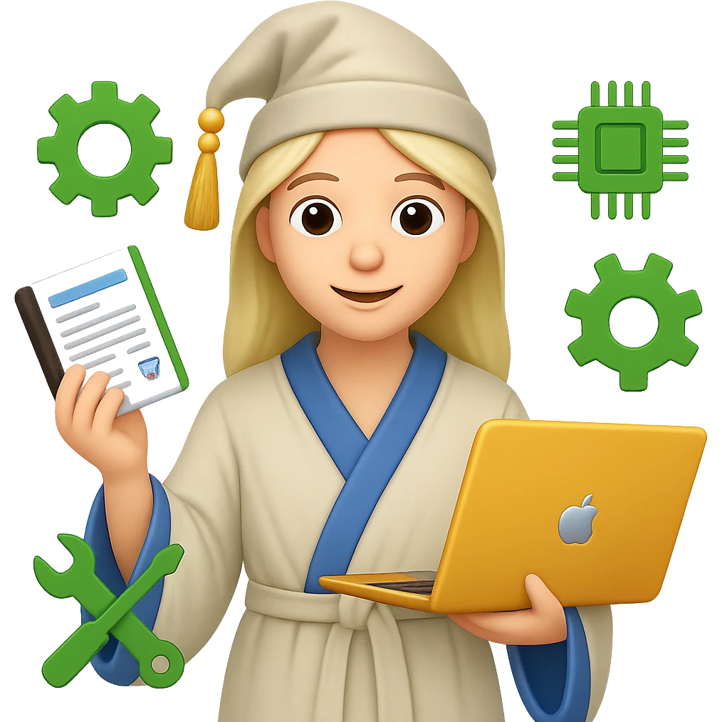 Create an emoji style image of a wizard in a white cloak, holding a resume and a laptop, surrounded by engineering icons. The engineering icons should be green in color. The style should reflect the look of apple style emojis with concise details and vibrant colors. emoji