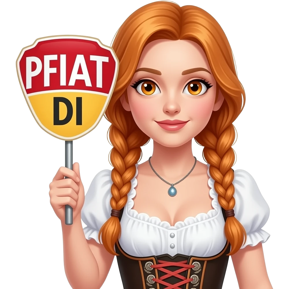 sexy girl with overlong ginger hair in braids and ginger eyes wearing a dirndl holding a PFIAT DI sign emoji
