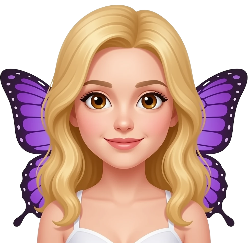 please make a blonde young woman with brown eyes and butterfly wings, the wings are purple emoji