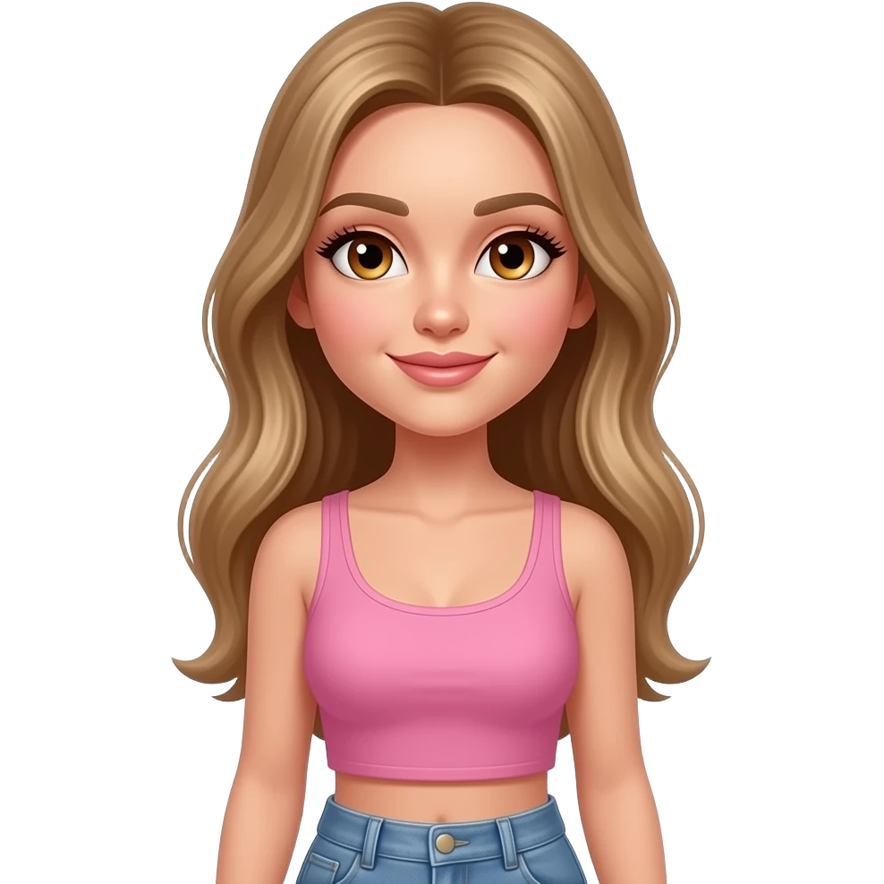 Woman with an oval face, light tan glowing skin, large almond-shaped hazel eyes with long lashes, light full arched eyebrows, straight slim nose, full lips, long light blondish brown smooth hair, symmetrical model-like face, elegant sexy and soft smile . Wearing pink Crop top and jeans emoji
