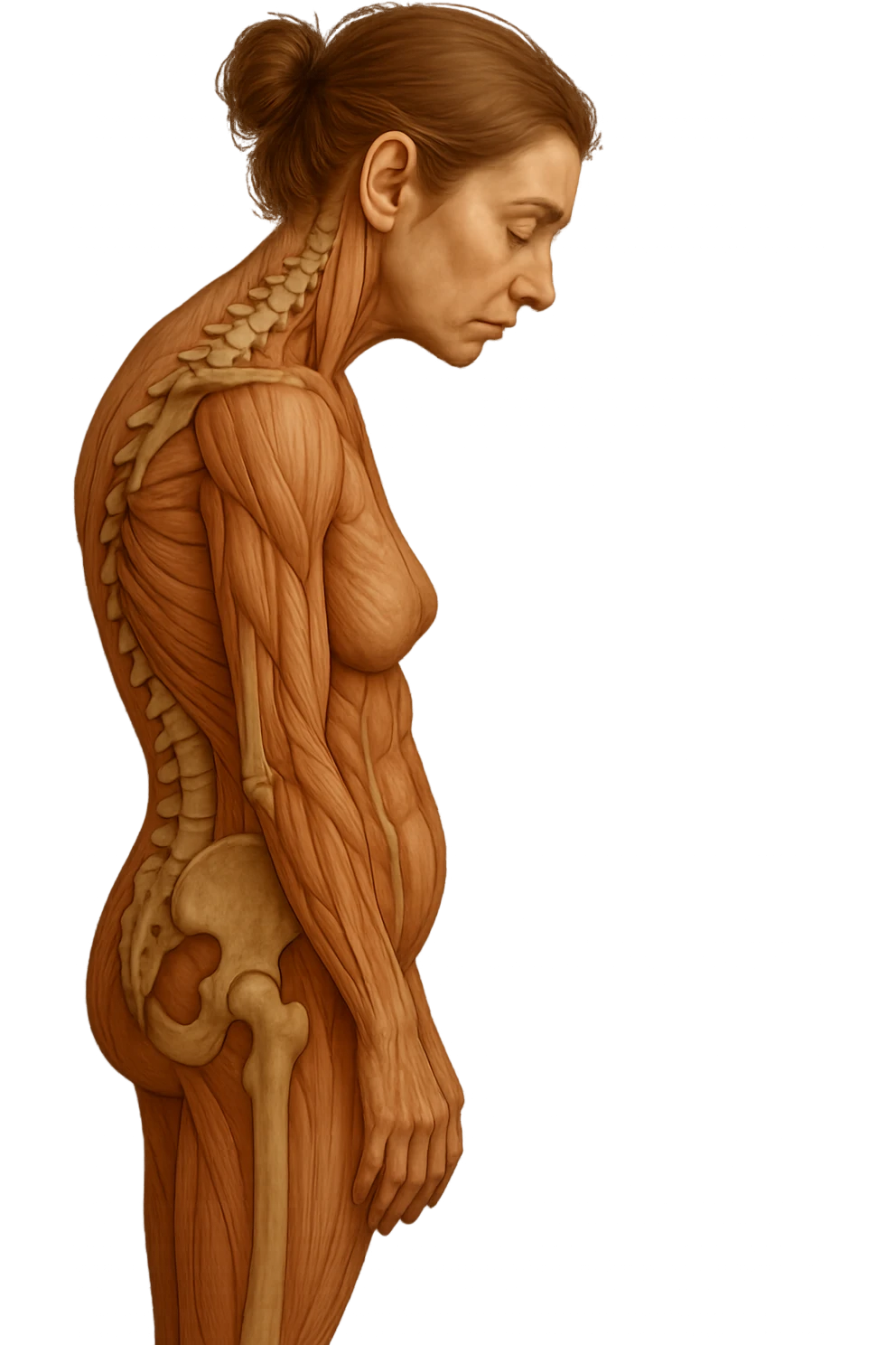 donna di profilo con spina dorsale in evidenza, postura storta, spalle chiuse in avanti, iperrealistica 4k emoji