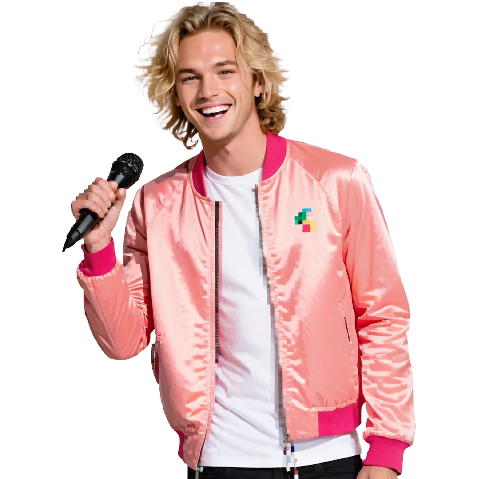 Expressive male performer, Caucasian features, tousled sandy blonde hair, lively eyes, wide cheerful smile, wearing a coral pink jacket over white tee, tossing a microphone in one hand, waist-up, front-facing emoji