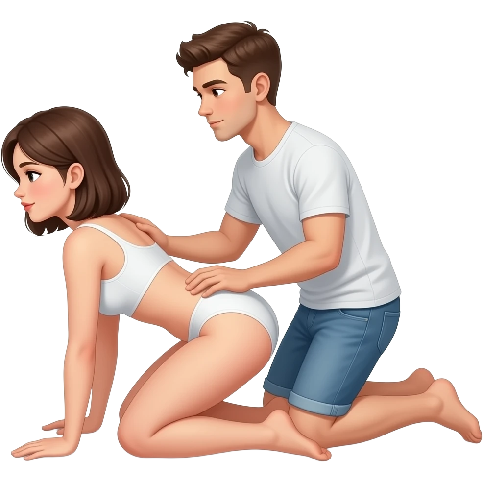 doggy style position, girl hands-knees facing away, boy kneeling behind rear-entry, nudity explicit "Girl on all fours" "Boy behind" "Spine alignment", title "Doggy Style " minimal shading clinical style emoji