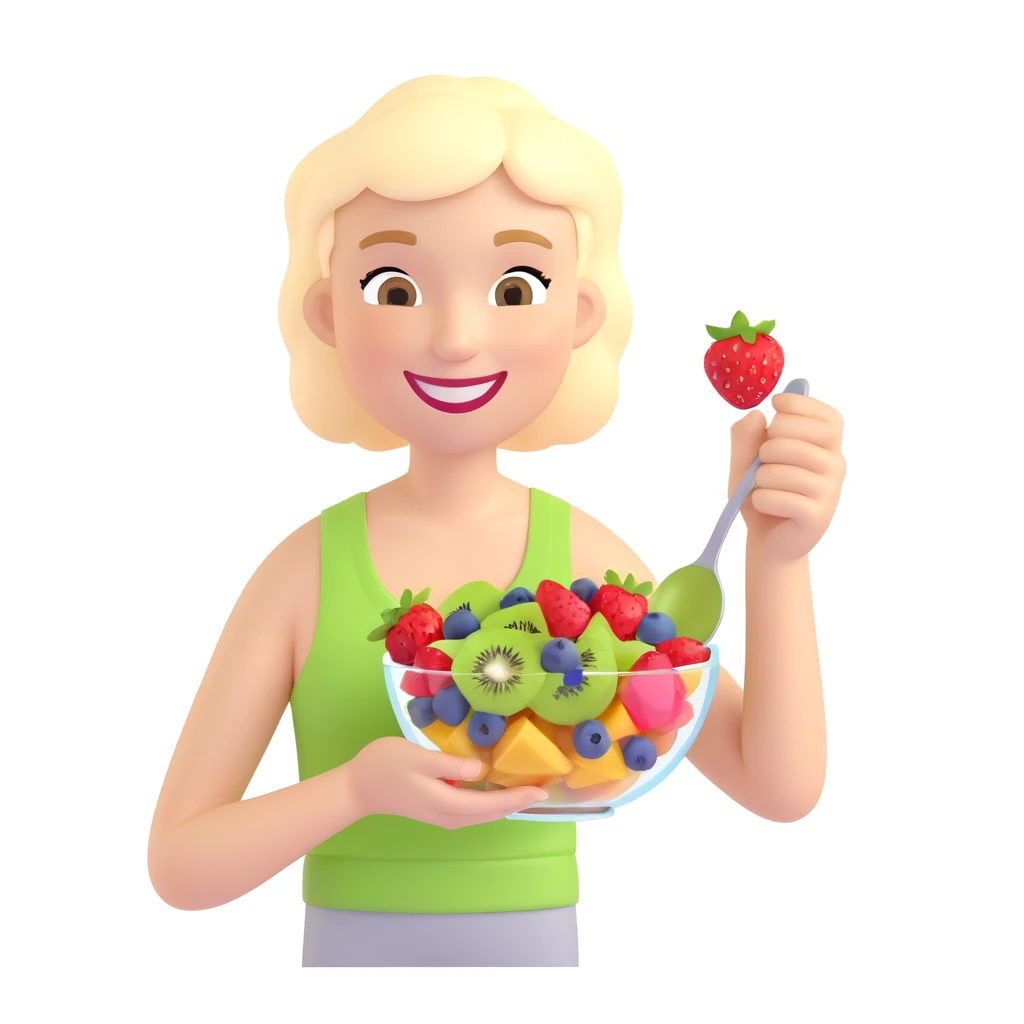 A cheerful person holding a glass bowl of colorful fruit salad with vibrant pieces of strawberries, kiwis, and blueberries visible. The person is wearing a casual, light-colored tank top and has a friendly, bright smile as they prepare to take a bite with a spoon. emoji