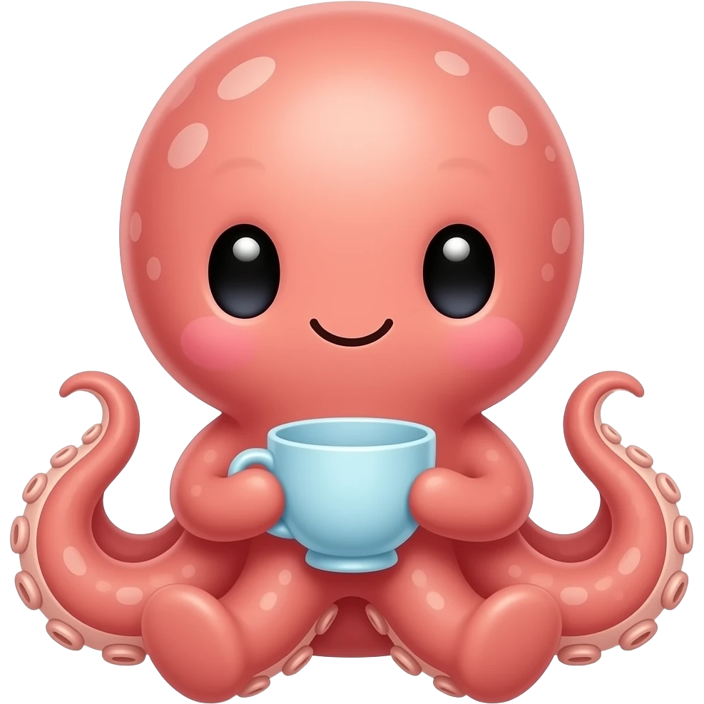 Cute octopus sitting low, holding a glass teacup, front-facing whimsical pose emoji