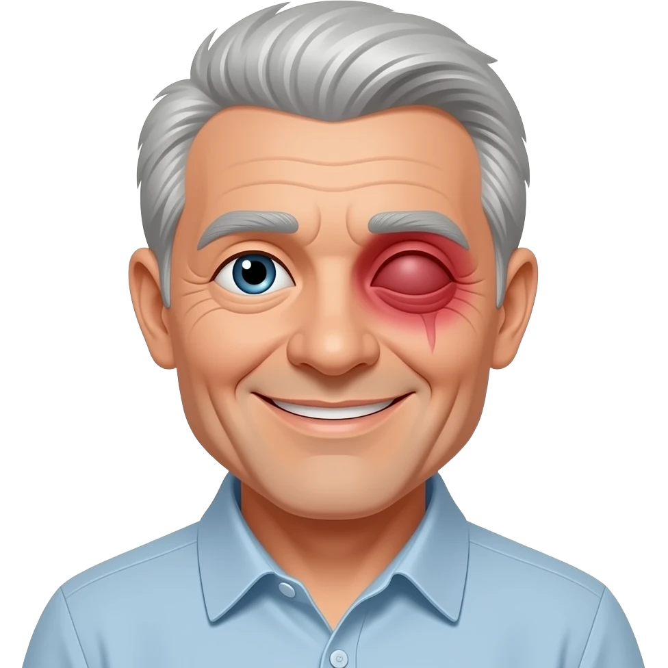 old man. grey hair. smiling. kindly. extremely red swollen sore right eye emoji