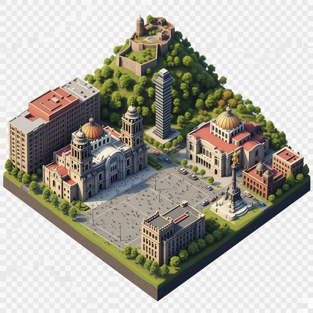 Isometric diorama of Mexico City iconic landmarks: Zócalo square with Metropolitan Cathedral, Palacio de Bellas Artes, Torre Latinoamericana, Chapultepec Castle, and Angel of Independence, atmosphere of the city 3D miniature effect and Tilt Shift effect, no cartoonish look, transparent background. emoji