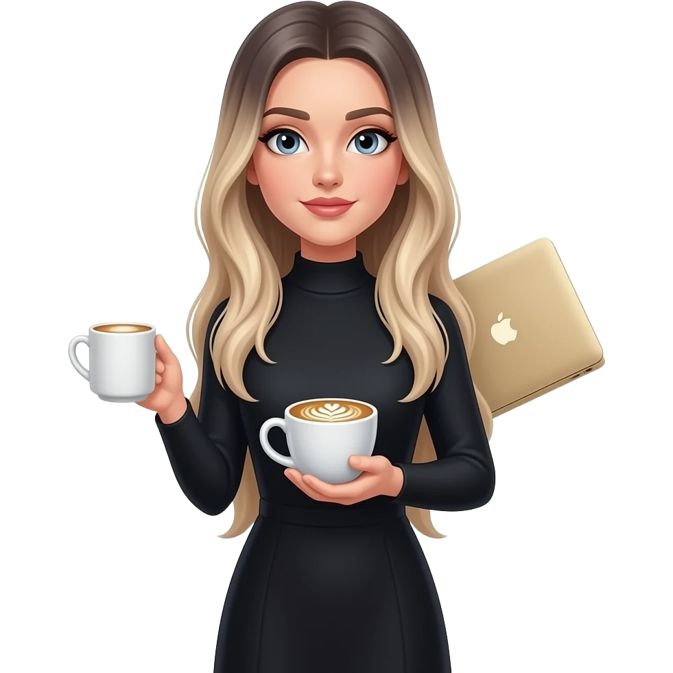 grey eyes woman, In long sleeves black dress, with long very straight blond hair down to the back of the back, with lombré hair with late art coffee and MacBook gold in other hands emoji