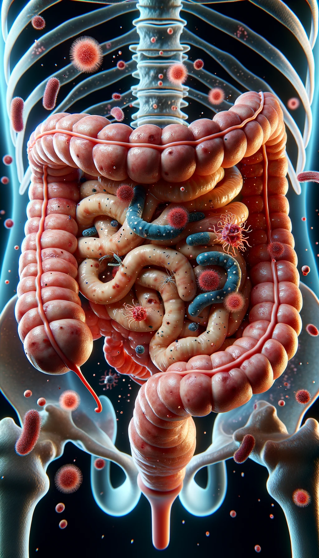 intestino umano realistico con batteri e parassiti che gli fluttuano intorno, iperrealistico 4k emoji