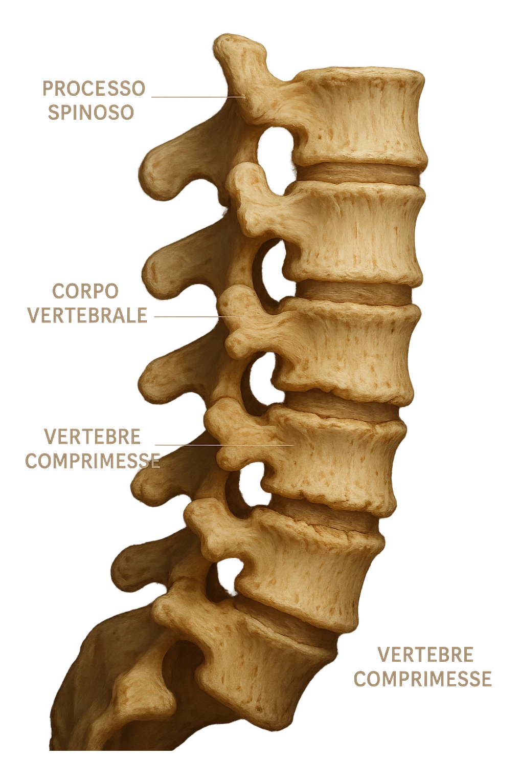 Realistic and cinematic anatomical image showing only clearly visible compressed vertebrae in lateral view, no background, anatomical details, with captions in Italian, aspect ratio 2:3. emoji