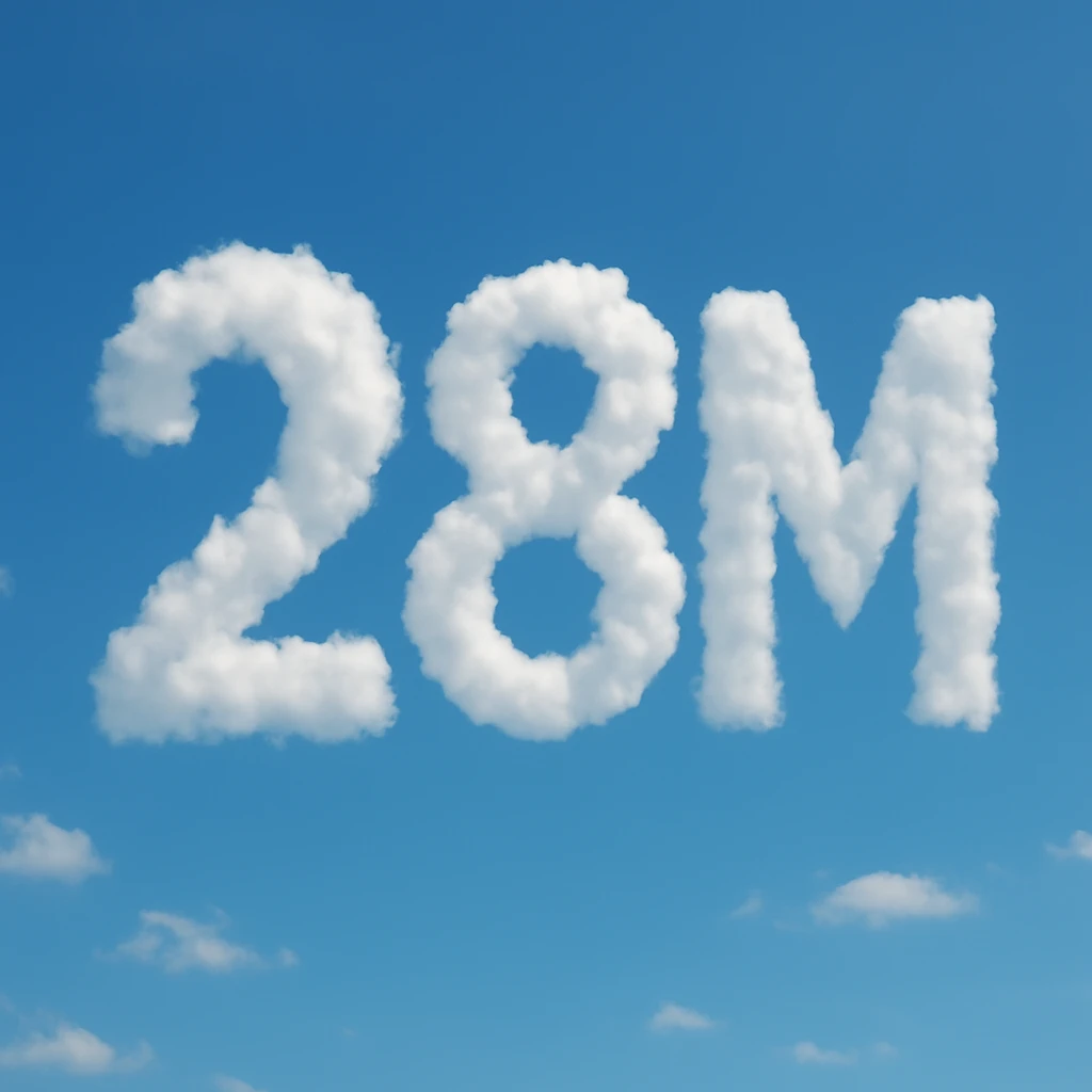 The number two, the number eight, and the letter M in a cloud formation, fluffy and white emoji