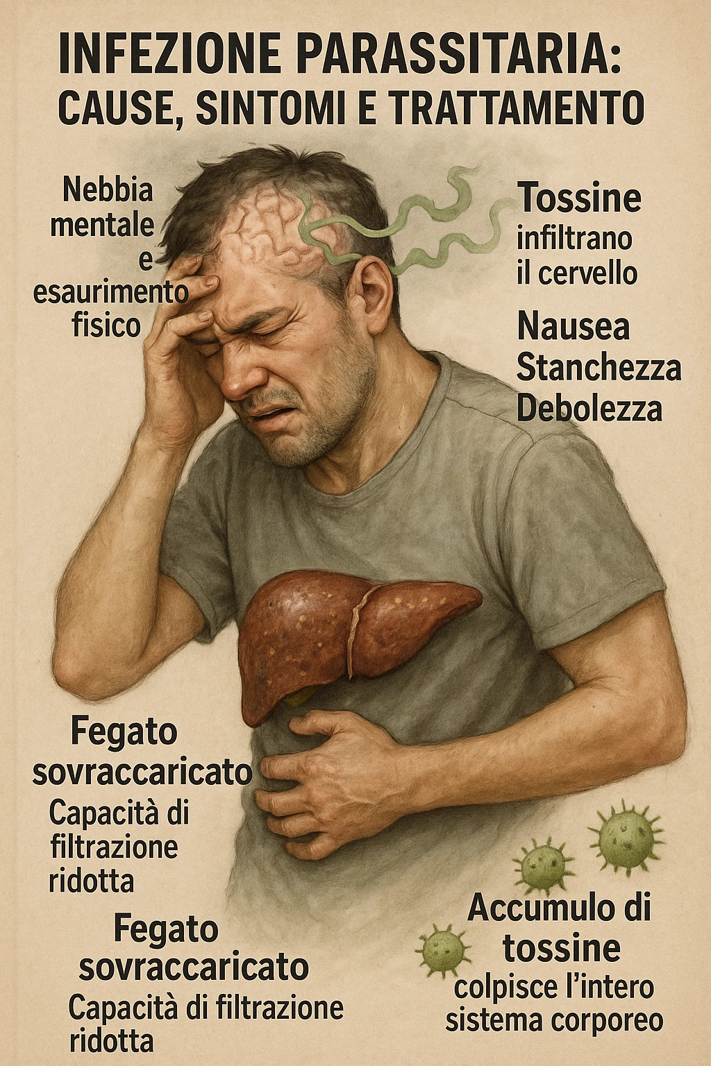 "Man feeling increasingly unwell as his liver fails to filter toxins, nausea, tiredness, and weakness overwhelming him as toxins infiltrate his brain causing confusion and irritability Parasitic Infection: Causes, Symptoms & Treatment, expression of mental fog and physical exhaustion, liver shown as overworked organ with reduced filtration capacity, toxic buildup affecting entire body systems" in italiano emoji