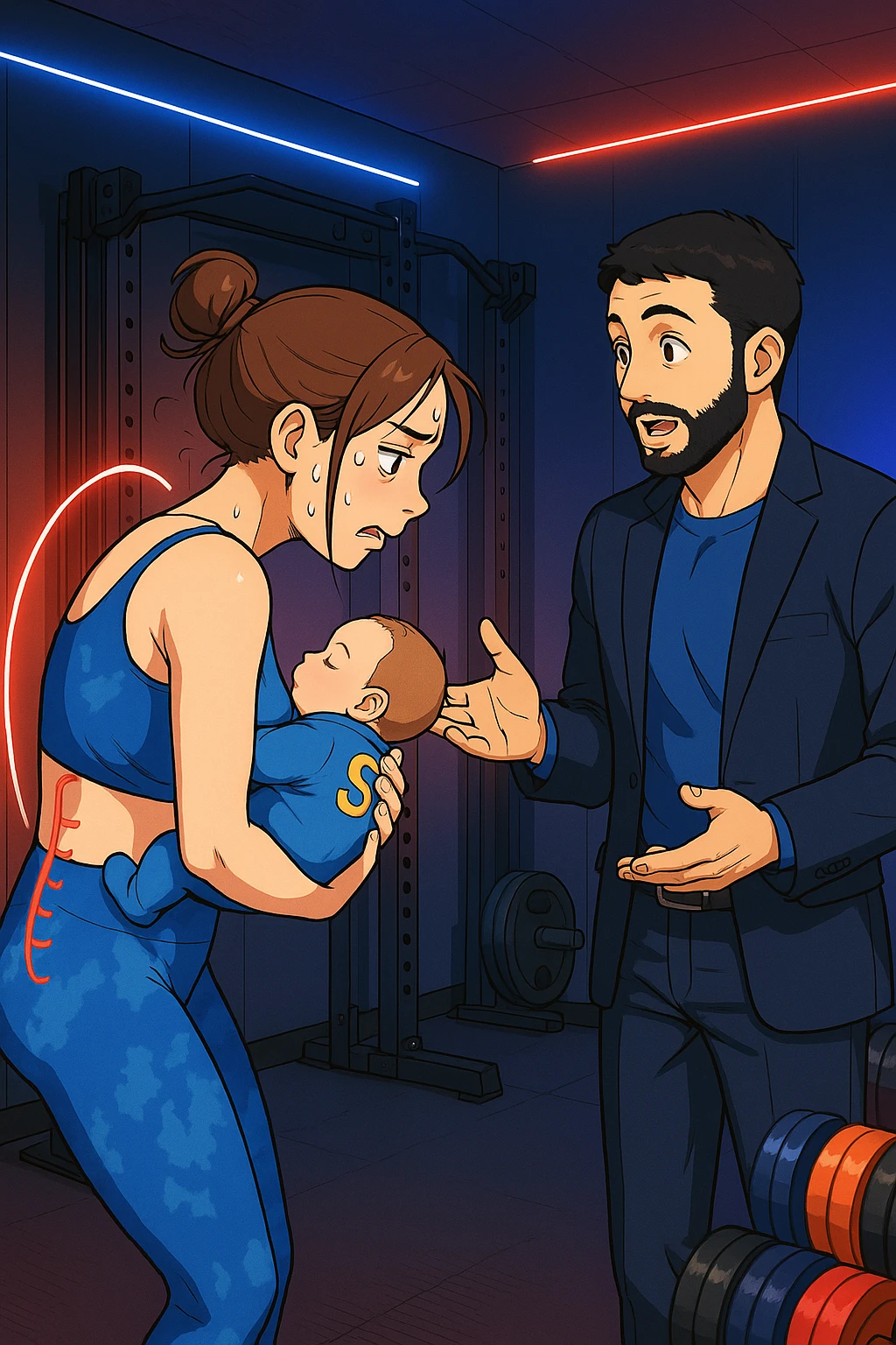 ispirati a questo stile di disegno e fai questa immagine in versione manga/webtoon a colori, il manga mostra la donna preoccupata di profilo con la postura sbagliata e incurvata, spalle chiuse e curve in avanti, con un neonato in braccio con una tutina azzurra e la scritta "S" sulla schiena, spina dorsale storta della donna in evidenza mentre ascolta l'uomo mentre l'uomo gli sta spiegando una cosa, ma non fare i fumetti, fai come se stessero parlando emoji