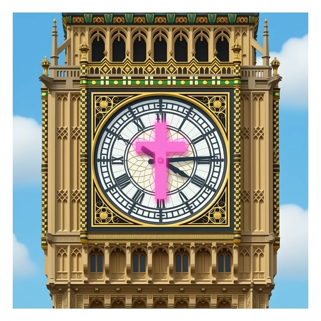 London clock tower with a glowing pink Christian cross replacing the analogs emoji