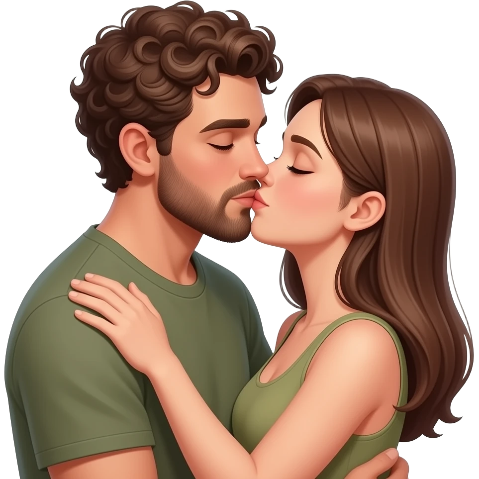 Realistic white man brown super short curly hair with beard kissing strongly and hugging realistic white girl brown straight hair emoji