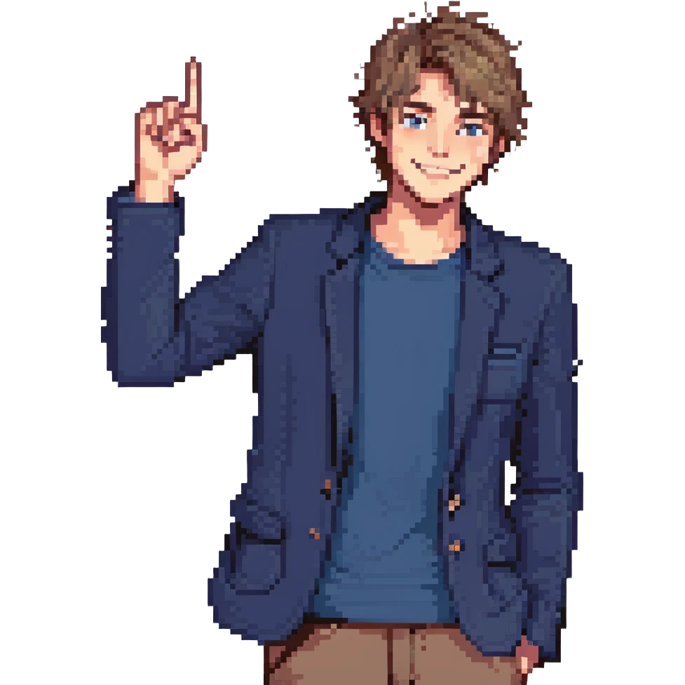 Flat pixel are, lively and clever male debater, fair skin, short messy light brown hair, sharp eyes with a mischievous smile, wearing indigo blazer over a casual t-shirt, one hand raised mid-gesture, waist-up, front-facing emoji