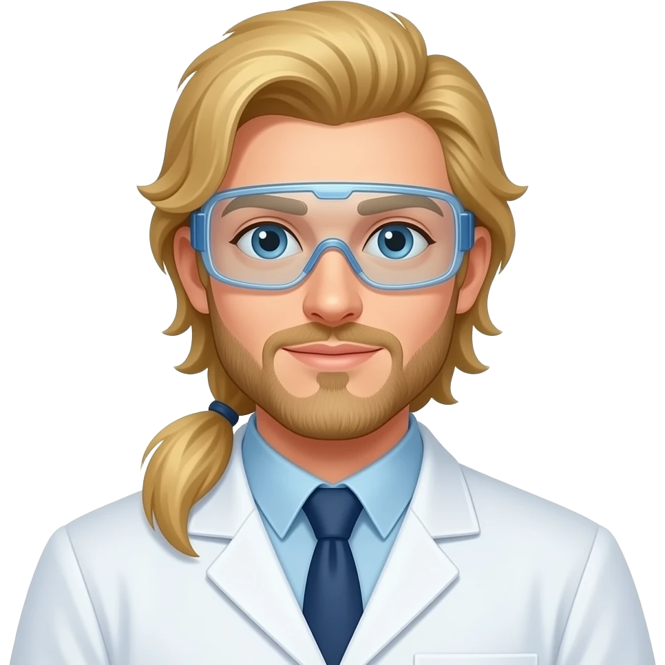 male, lab scientist, blonde, pony tail, long hair, goggles emoji