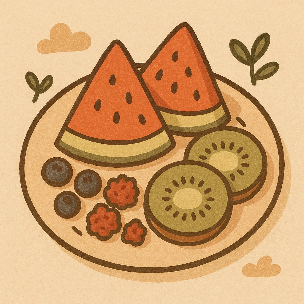 a plate with sliced watermelon, kiwi, and berries, in flat warm colors illustration style emoji