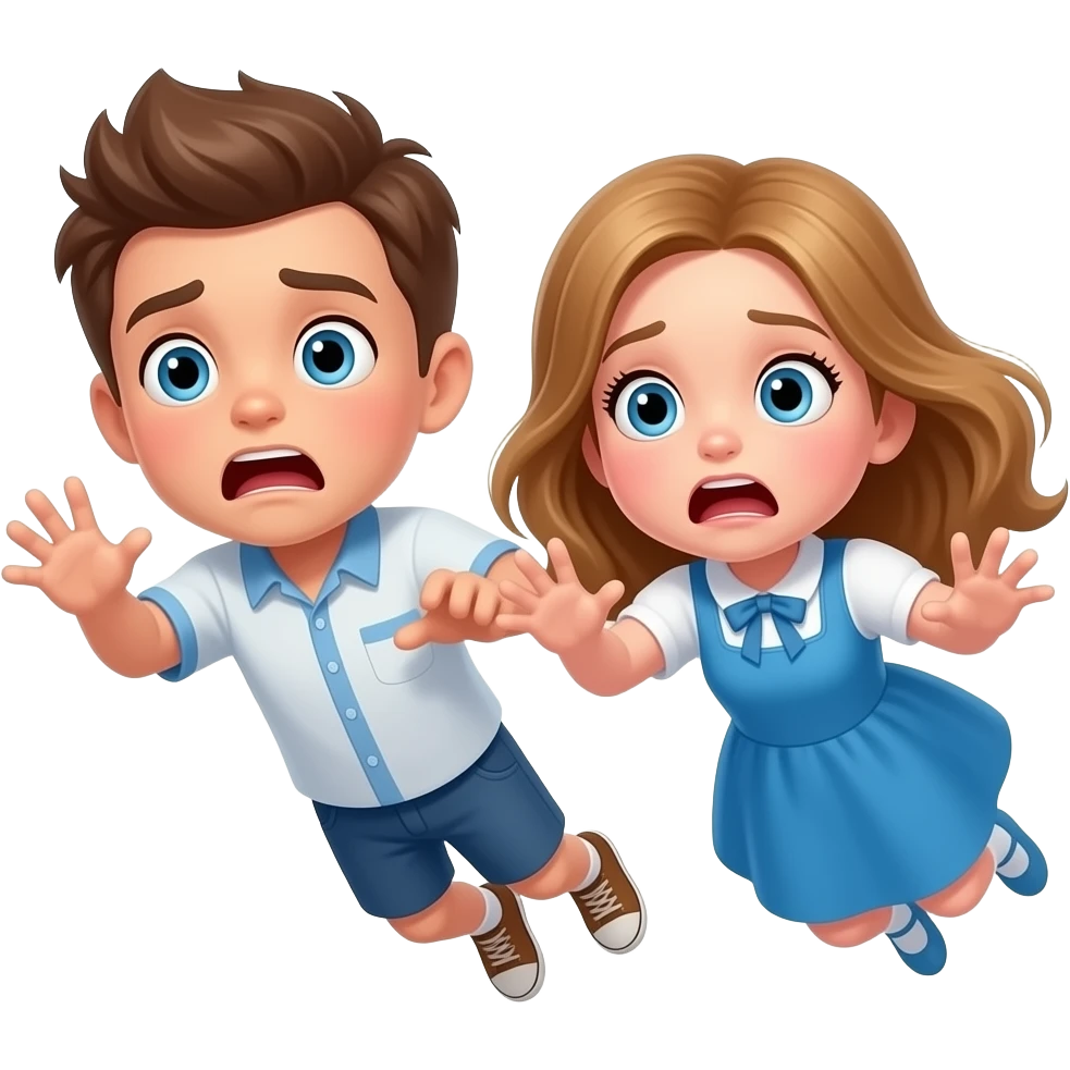 chico y chica caiendo del cielo asustados, el chico castanyo i con pelo corto y la chica pelo suelto y un poco rubia pero castaño y los dos tienen ojos azules son hermanos la chica con la ropa blanca i  vestido azul emoji
