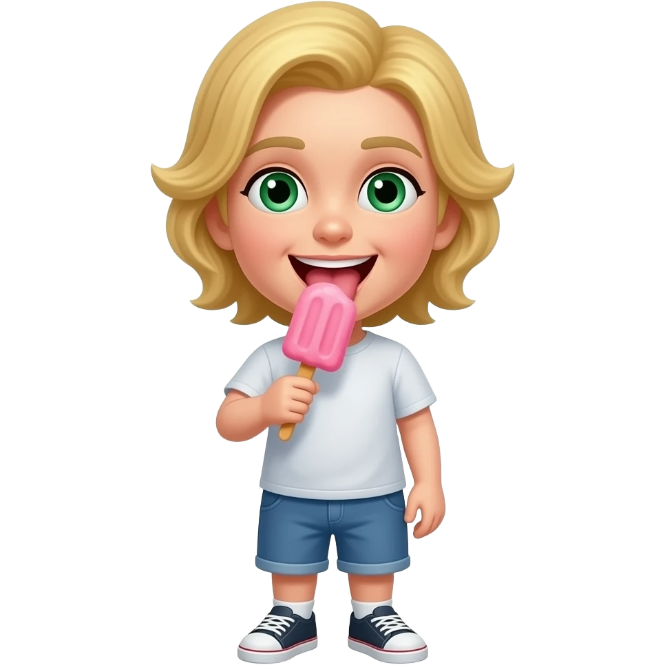 Gryzienie loda na patyku w kolorze różowym językiem włosy blond zielone oczy emoji