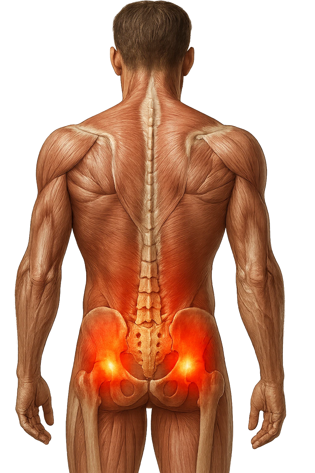 CORPO UMANO ANATOMICO REALISTICO DI SPALLE CON DOLORE ALLA LOMBARE INFIAMMATA, DOLORE ALL'ANCA, IPERREALISTICO 4K emoji