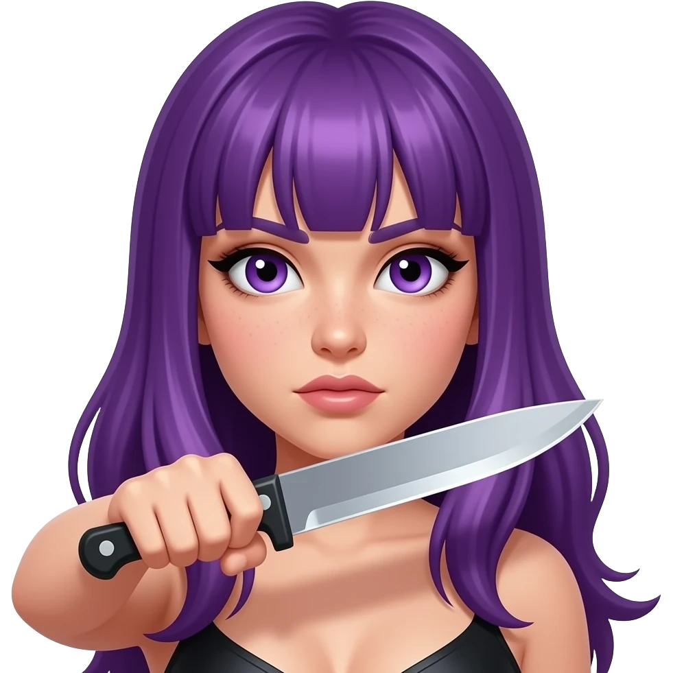 sexy girl with long purple hair and purple eyes is attacking with a knife emoji