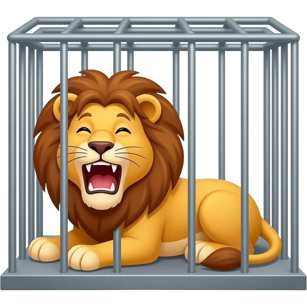 Cartoon lion lays roaring in a cage emoji
