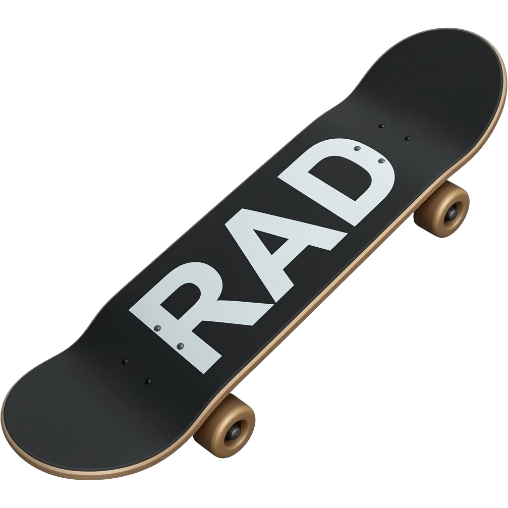 skateboard with RAD in capitals letters on the back with it emoji