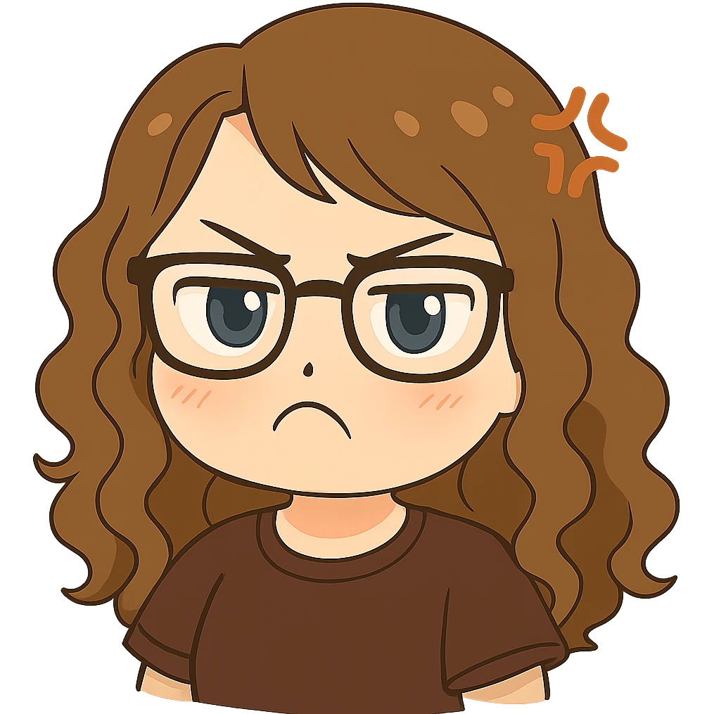 Create a chibi sticker emoji of the person in the reference image with glasses and curly hair, pouting and looking mad. The style should be cute and expressive with a transparent background. emoji