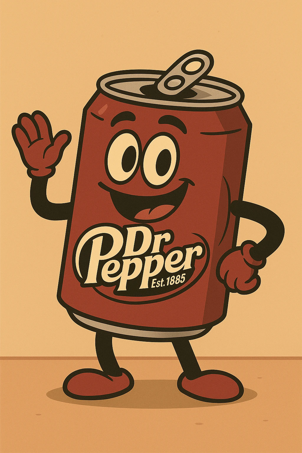Add a vintage Dr Pepper label to this cartoon soda can, keep bold outlines and playful look. emoji